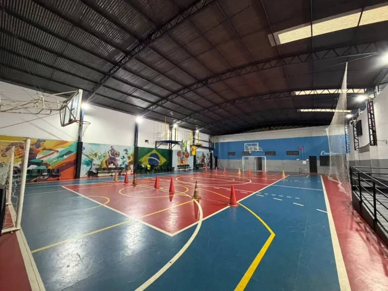 Quadra poliesportiva coberta, com piso azul e vermelho, tabelas de basquete e murais pintados
